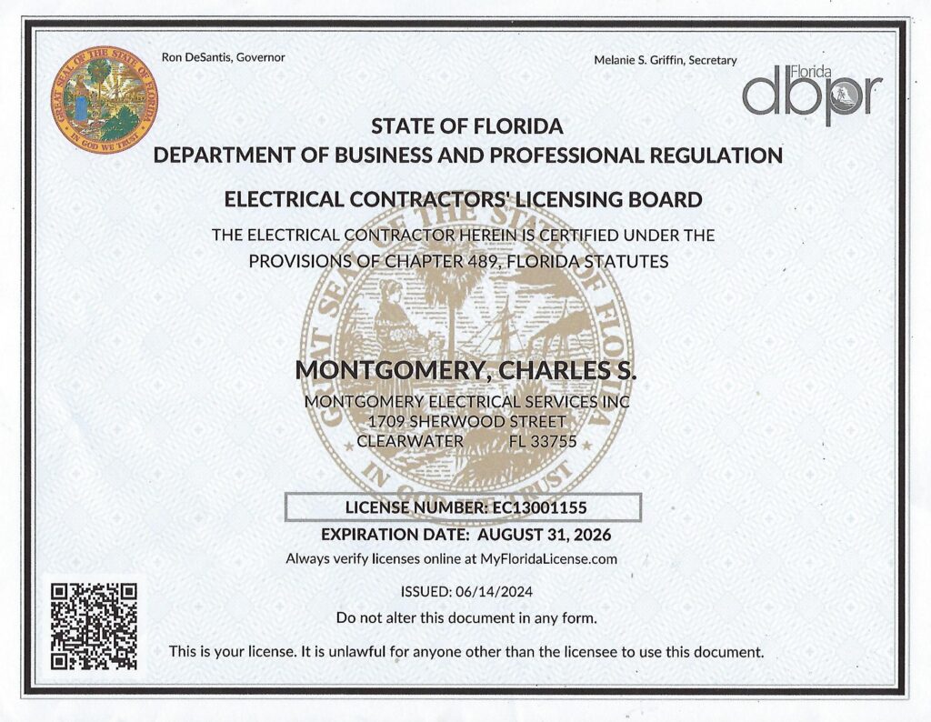 Image of a State of Florida Electrical Contractor's License Charles Montgomery